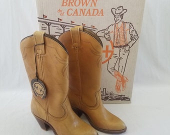 1970s BNIB Brown of Canada Brown Leather Heeled Cowboy Boots