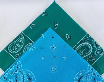 1980s or 90s Made in USA Turquoise and Green Cotton Bandanas