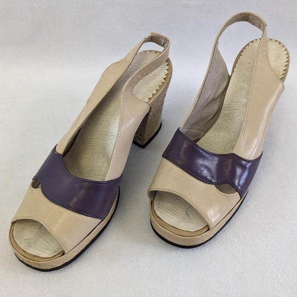 1970s Beige and Purple Faux Leather Slingback Peep Toe Chunky Platform Heels