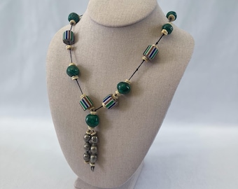 Vintage African Trade Bead Necklace With Malachite, Venetian Glass, Shell and Silver-Toned Beads