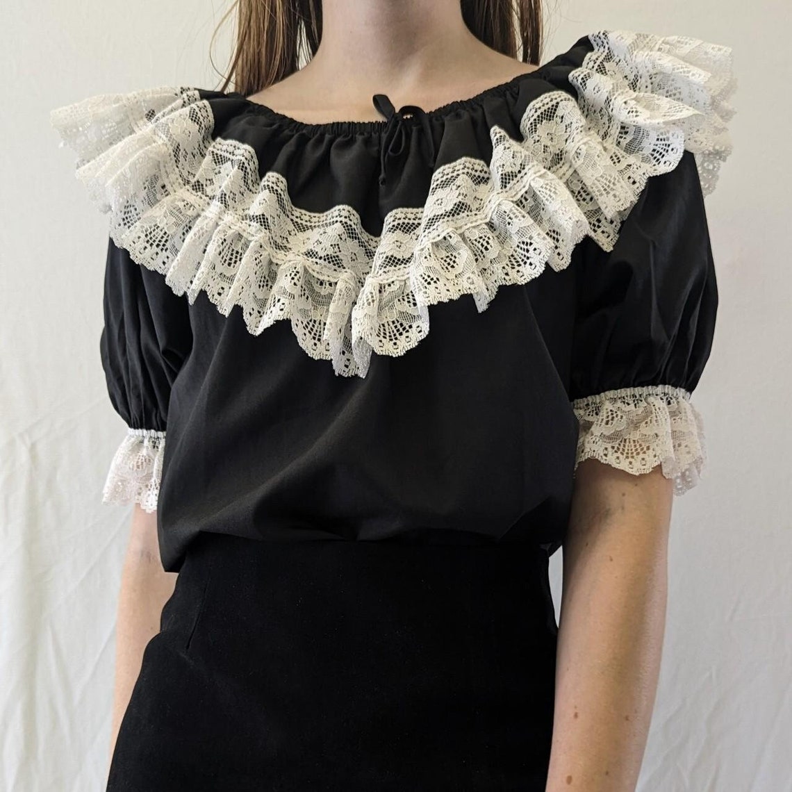 1970s Malco Modes Black Prarie Square Dance Blouse With White Ruffle
