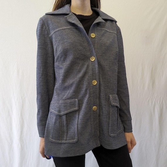 1970s Textured Blue Blazer With Faux Wood Grain B… - image 1