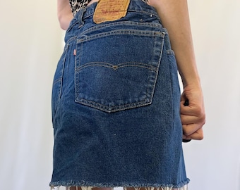 1990s Levis Upcycled Dark Wash Denim Mini Skirt With Distressed Hem