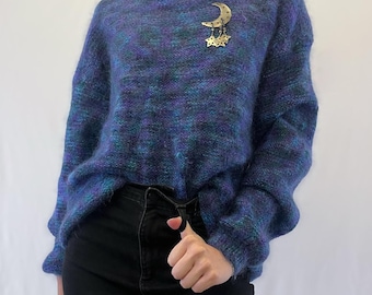 1980s or 90s Handmade Marled Mohair Sweater With Purple, Blue and Green Tones