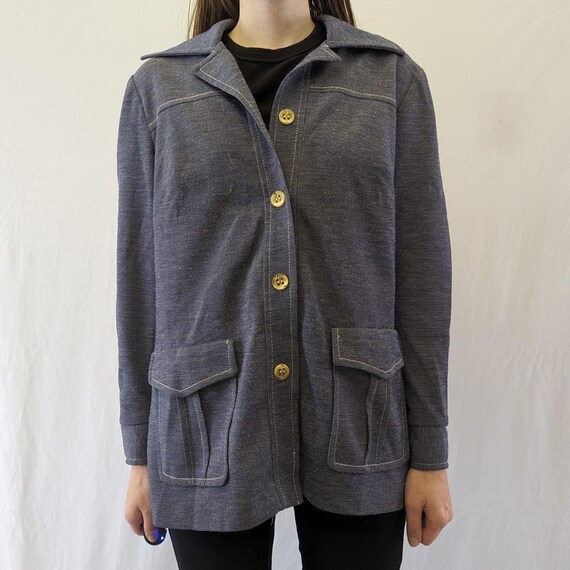 1970s Textured Blue Blazer With Faux Wood Grain B… - image 2