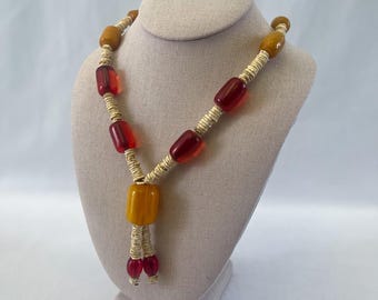 Vintage African Style Beaded Necklace With Large Translucent Red and Golden Yellow Resin Beads and Shell Beads