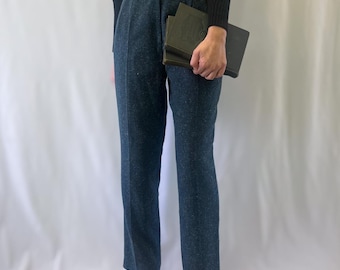 1980s Petite Profil Blueish Grey High Rise, Straight Leg Tweed Wool Pants