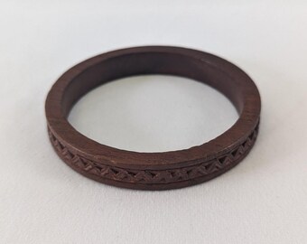 Bracelet Jonc En Bois Sculpté Vintage Pour Femme - Largeur 3.5 Cm, Diamètre 6.7 Cm, Bois Naturel - 2
