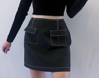 1990s Evidence Black A-Line Mini Skirt With Front Flap Pockets and White Contrast Stitching