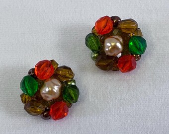 1960s Made in Germany Gold-Toned Clip-On Earrings With Brown, Orange, Green and Faux Pearl Bead Clusters