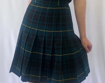 1960s Green, Black and Yellow Plaid Pleated Skirt