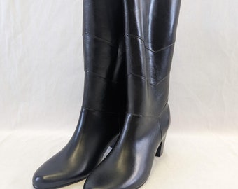 1970s New Old Stock Black Leather Look Heeled Rubber Boots With Chevron Stitch Detailing