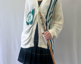 1970s or 1980s Marchant's School Sport Cream Coloured Cardigan With Green Stripe Accents and Wexford Prefects Chenille Patch