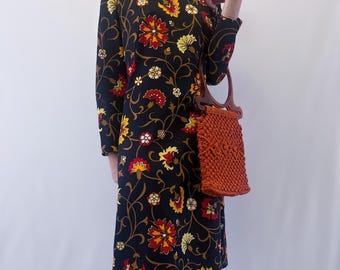 1960s Navy Blue Long Sleeve Dress With Warm Toned Floral Print