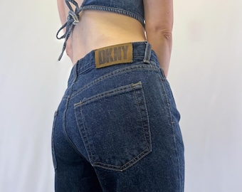 1990s DKNY High Rise, Straight Leg Button Fly Dark Wash Jeans