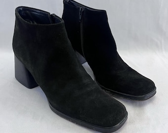 1990s Via Spiga Black Suede Booties With Square Toe and Stacked Block Heel