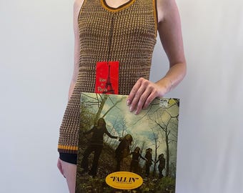 1970s NWT Leon de Paris Brown, Yellow and White Ribbed Knit Tank With Collegiate Stripe Accents