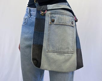 1990s or Y2K Denim Patchwork Crossbody Bag With Adjustable Strap