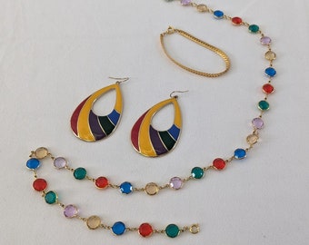 Vintage "Bold and Gold" Jewelry Bundle With Rainbow Teardrop Earrings, Multi-Coloured Fake Gem Necklace and Gold-Toned Chain Bracelet