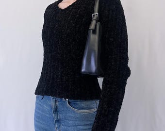 1990s Two Roads Black Chenille Ribbed V-Neck Sweater