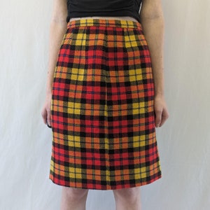 1960s Red, Yellow and Blue Plaid Pencil Skirt