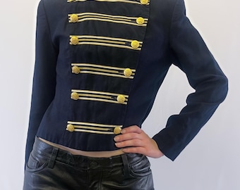 1990s Tempo Paris Navy Blue Military Inspired Double Breasted Jacket With Gold and White Stripe Accents and Gold Buttons