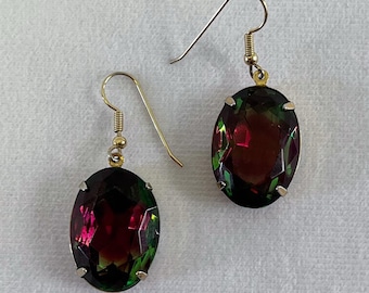 1980s Gold-Toned Oval Dangly Earrings With Faux Mystic Topaz Gems
