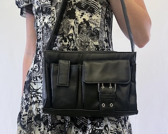 Y2K Black Faux Leather Rectangular Shoulder Bag With Buckle Accent