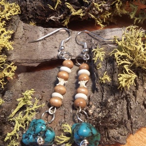 Turquoise Earrings with Small Serpent Vertebrae and Acacia Bead Earrings