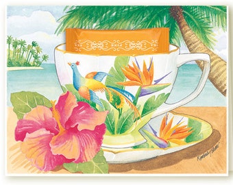Bird of Paradise Teacup Greeting Card with a Cinnamon Teabag
