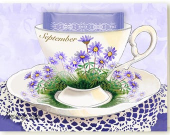 9月の誕生花であるアスターをモチーフにしたティーカップ型のグリーティングカード。お茶好きの方への誕生日プレゼントや、毎月のメッセージカードとして、パリの紅茶を添えて贈るのに最適です。