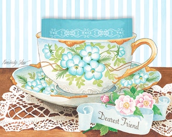 Tea-riffic Friend teacup greeting card with an Earl Grey teabag by artist Kimberly Shaw