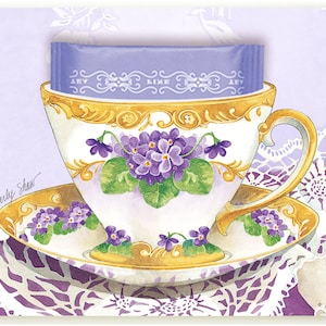 Tarjeta de felicitación de taza de té violeta con bolsita de té de París