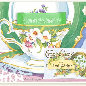 Tarjeta de felicitación de Good Luck Teacup con una bolsa de té Peppermint