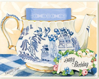 Blue Willow Birthday Teacup Greeting Cards with a refreshing Jasmine Green Teabag, by Kimberly Shaw