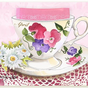 April Sweet Pea & Daisy Birth Flower Teacup Card with a gift of Raspberry Tea for birthday or monthly correspondence (Greeting Card)