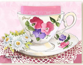 4月の誕生花、スイートピーとデイジーをモチーフにしたティーカップカード。ラズベリーティーのギフト付き。誕生日や毎月のメッセージに最適です。（グリーティングカード）