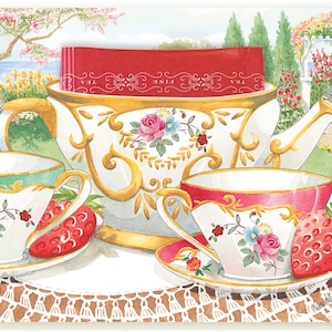 Biglietto d'auguri per tazza da tè Garden Par-Tea con una bustina di tè Orange Pekoe dell'artista Kimberly Shaw