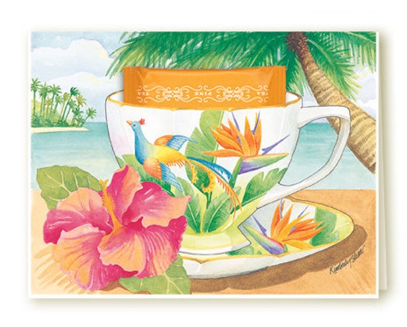 Bird of Paradise Teacup Greeting Card with a Cinnamon Teabag