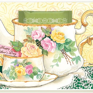 Tarjeta de felicitación de la tetera del día de las madres con un regalo de té caliente