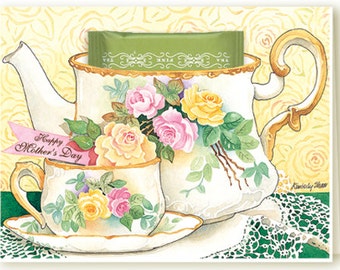 Mothers Day Tea Pot Greeting Card with a Gift of Warm Tea