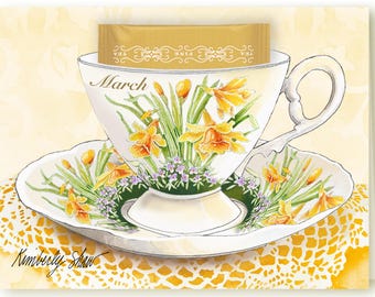 3月の誕生花である水仙をモチーフにしたティーカップカードとカモミールティーのギフト（3月生まれの方への贈り物）、および月ごとのメッセージカード（グリーティングカード）