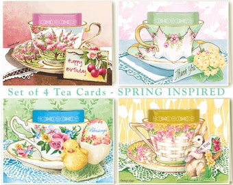 Juego de 4 tarjetas de felicitación Teacup INSPIRADA EN LA PRIMAVERA, cada una con una deliciosa bolsita de té para que el destinatario la saboree.