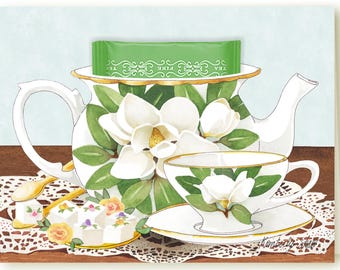 マグノリアのティーカップが描かれたグリーティングカードと緑茶のギフトセット。お茶好きの方への郵送に最適です。