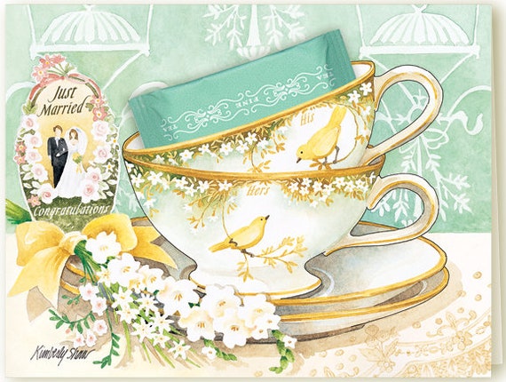 Just Married Teacup Greeting Card with a Peppermint teabag