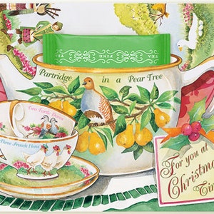Weihnachten Teetasse Grußkarte zeigt die 12 Tage Von Weihnachten Charaktere mit einem köstlichen Urlaub Teebeutel enthalten, von Kimberly Shaw.