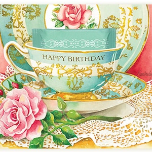 Carte de vœux de tasse de thé d’anniversaire avec un sachet de thé rafraîchissant à la menthe poivrée inclus