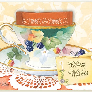 Warme Wünsche Teetasse Grußkarte mit einem echten Zimt Teebeutel enthalten für Ihren Empfänger zu genießen, von Kimberly Shaw Grafik