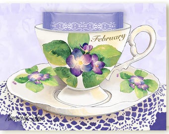 2月の誕生花であるスミレをモチーフにしたティーカップカード。パリのティーバッグをギフトとして添えて、お茶好きの方の誕生日や毎月のメッセージに。（グリーティングカード）