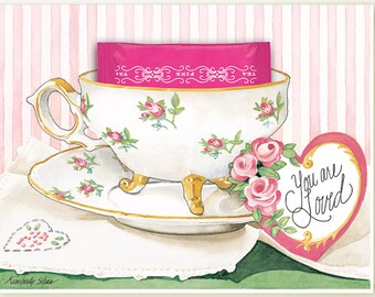 You Are Loved Teacup Greeting Card with a Raspberry Teabag